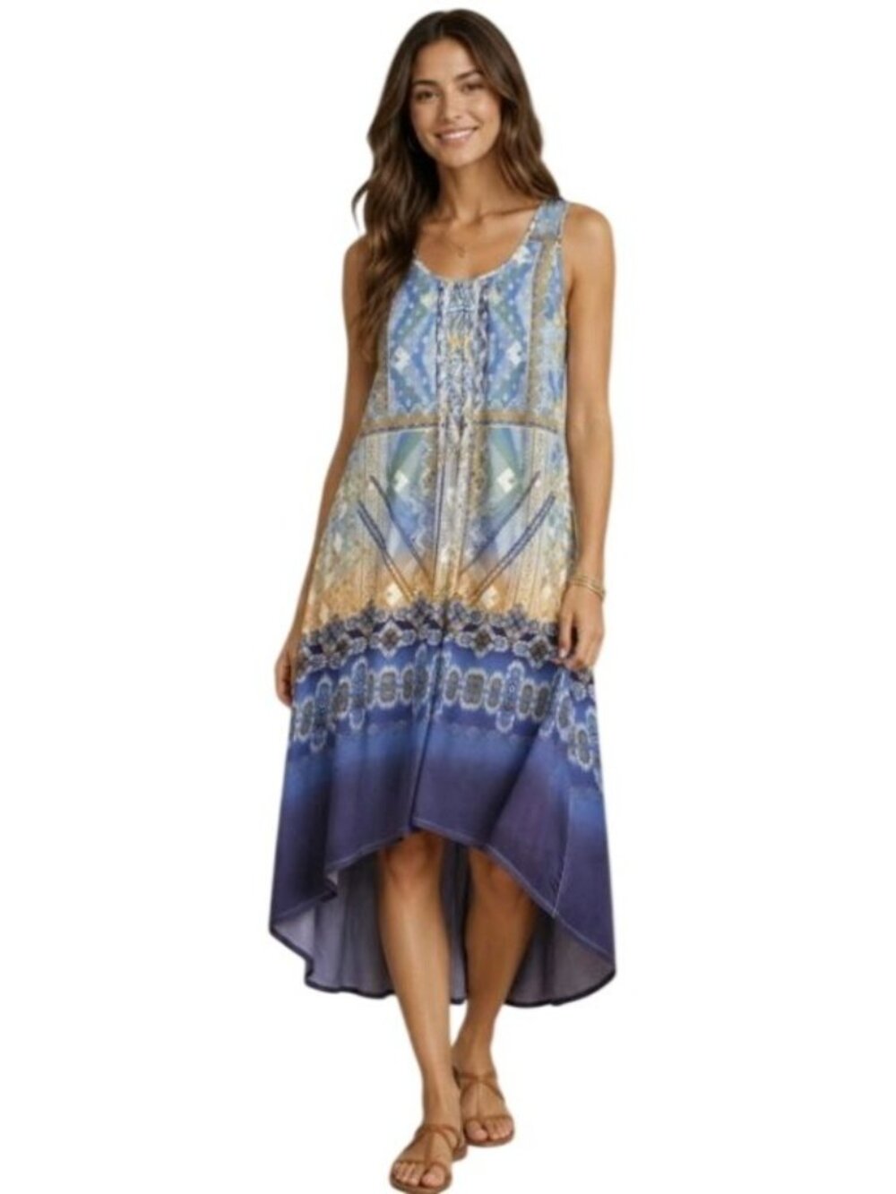 World Unity Blue/Multi Boho Wild Spirit Purity High Low Dress Women's Size Small - Picture 11 of 11